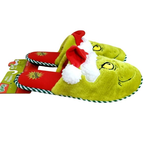 New Grinch Santa Slippers Green Red Plush Christmas House Shoes Mens Large 11/12 - Picture 2 of 11
